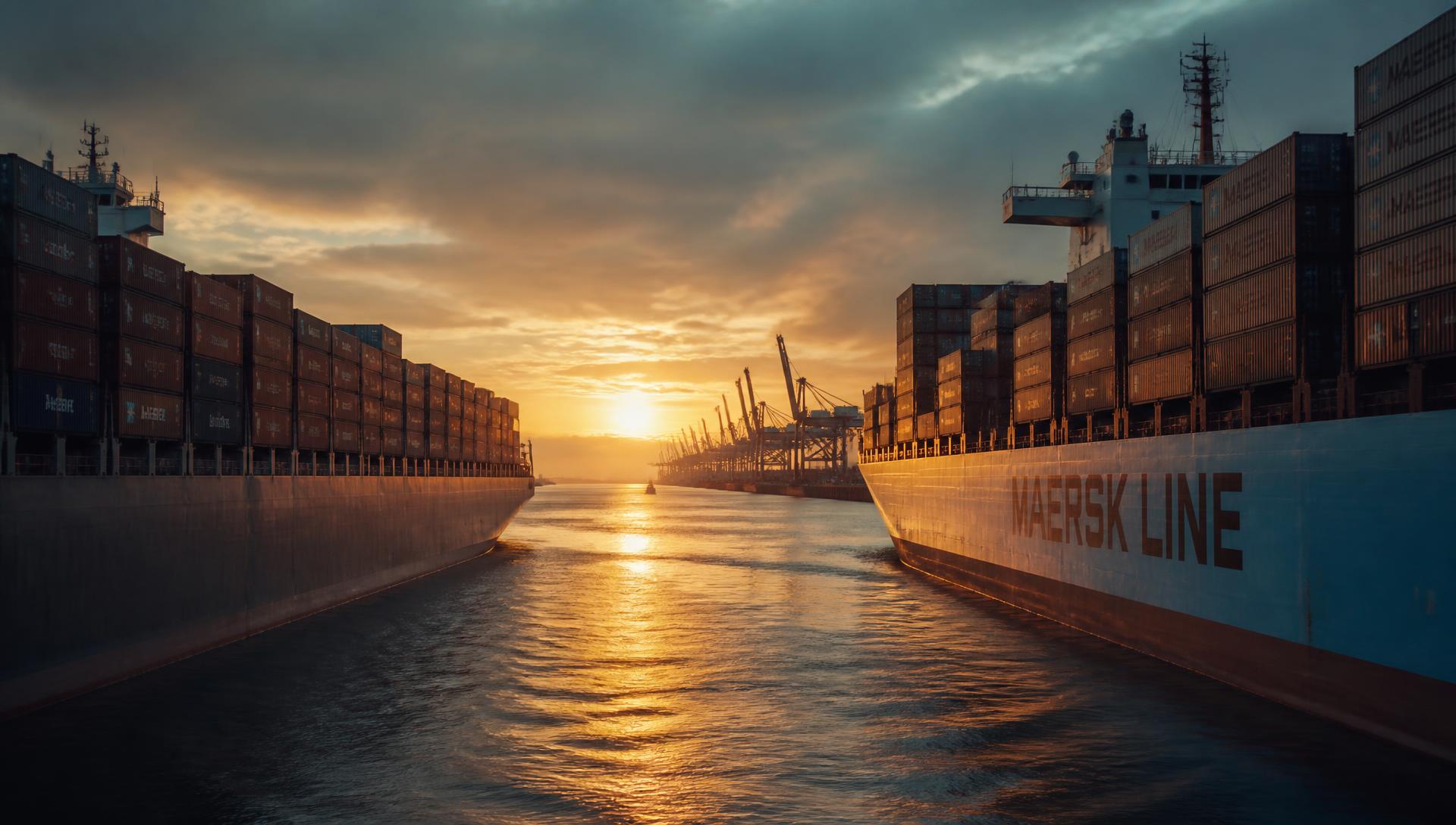 Two container ships passing at sunrise in a busy port channel