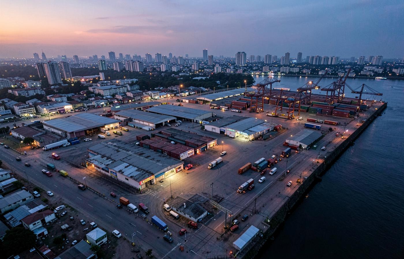 Aerial view of the Lagos port terminal at dusk