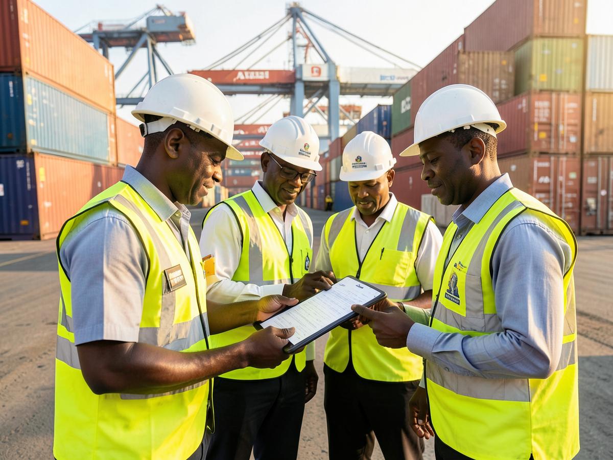 Wolid operations team reviewing cargo documentation at the port